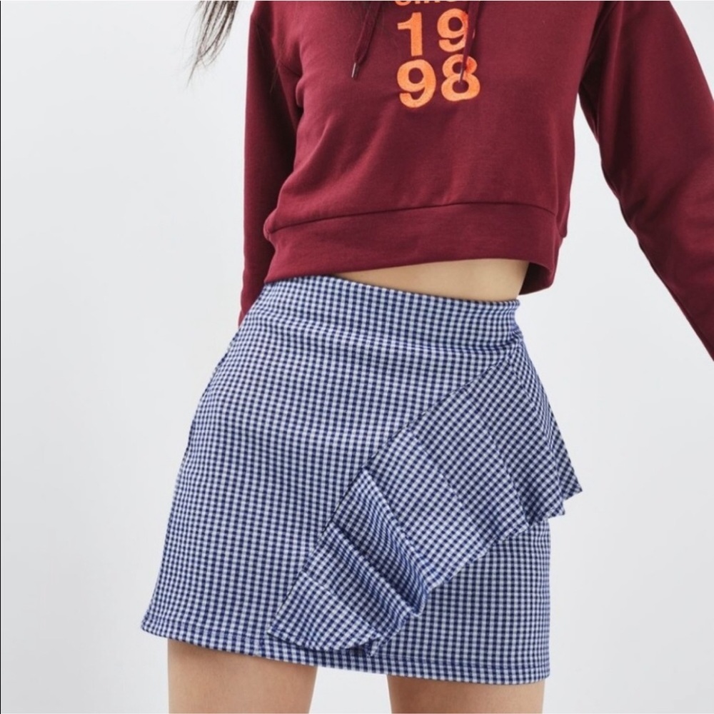 4/$25 Topshop Gingham Check Mini Skirt Ruffle Detail Size 6 Blue White